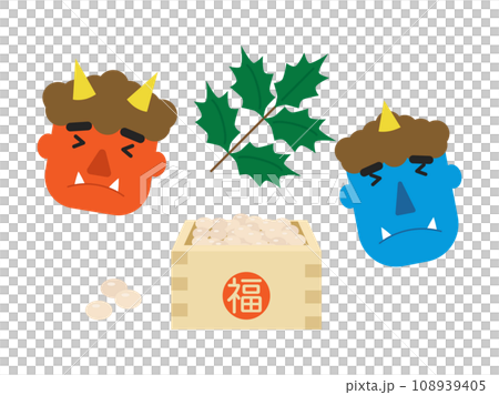 節分の豆まきと泣いている鬼のイラスト 108939405