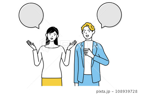 英会話、白人男性と英語で会話する日本人女性、吹き出しつき 108939728