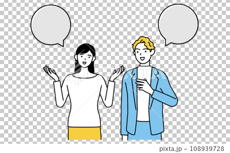 英会話、白人男性と英語で会話する日本人女性、吹き出しつき 108939728