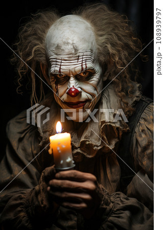 Eerie Clown Portrait Holding Candle, Capturing the Essence of Horror. AI generation Eerie Clown Portrait Holding Candle, Capturing the Essence of Horror. AI generation 108939797
