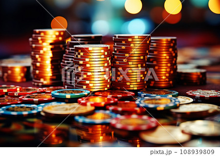 Glittering Stacks of Casino Chips Capturing the Thrill of Fortune. AI generation Glittering Stacks of Casino Chips Capturing the Thrill of Fortune. AI generation 108939809