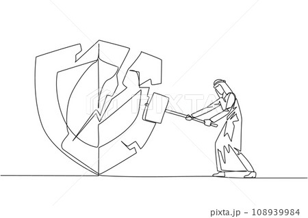 Single one line drawing Arab businessman preparing to hit shield. Rampage. System is undermined by business competitors. Unfair competition. Virus attack. Continuous line design graphic illustration 108939984