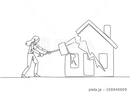 Single continuous line drawing businesswoman preparing to hit miniature house. Metaphor of house as collateral for payment. Business fails. Home is gone. Bankrupt. One line design vector illustration Single continuous line drawing businesswoman preparing to hit miniature house. Metaphor of house as collateral for payment. Business fails. Home is gone. Bankrupt. One line design vector illustration 108940009