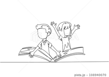 Single continuous line drawing the happy kids pops out from the middle of the book. Imagine the storyline. Experience a storybook adventure. Book festival concept. One line design vector illustration 108940070