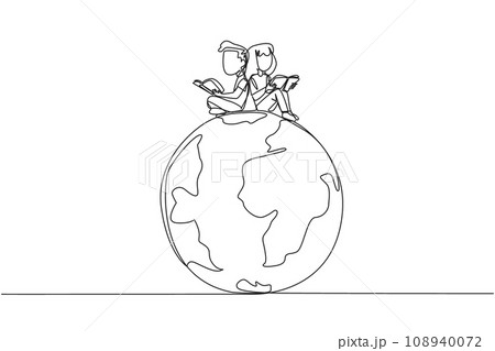 Single one line drawing happy kids sitting on big globe reading a book. The metaphor of reading can reach the world. Read everywhere. Book festival concept. Continuous line design graphic illustration 108940072