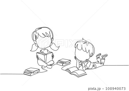 Continuous one line drawing kids who really likes reading. Everyday one book is read. Good habit. There is no day without reading book. Book festival concept. Single line design vector illustration 108940073