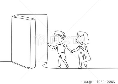 Single one line drawing the kids open the book-shaped door. Books can open mind and see everywhere. Increase knowledge about the wider world. Book festival. Continuous line design graphic illustration 108940083