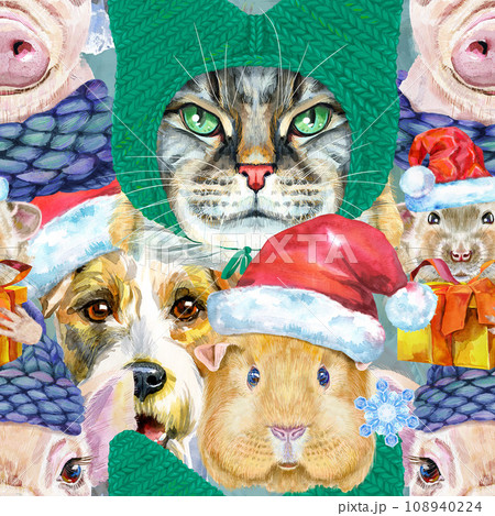 Seamless pattern of of dog, guinea pig, cat, mini pig and rat. Watercolor hand drawn pets illustration Seamless pattern of of dog, guinea pig, cat, mini pig and rat. Watercolor hand drawn pets illustration 108940224