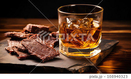 ウイスキーと肉厚なビーフジャーキー「AI生成画像」 ウイスキーと肉厚なビーフジャーキー「AI生成画像」 108940323