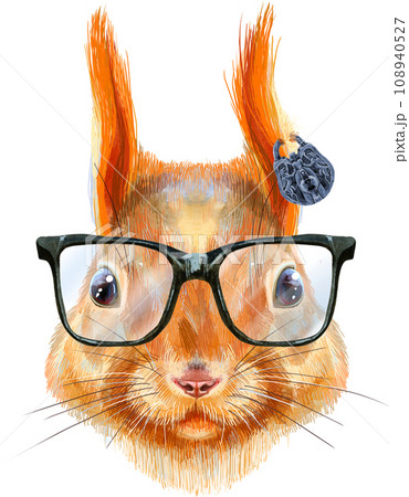 Watercolor hand drawn illustration of squirrel. Portrait of a red squirrel in a big black glasses 108940527