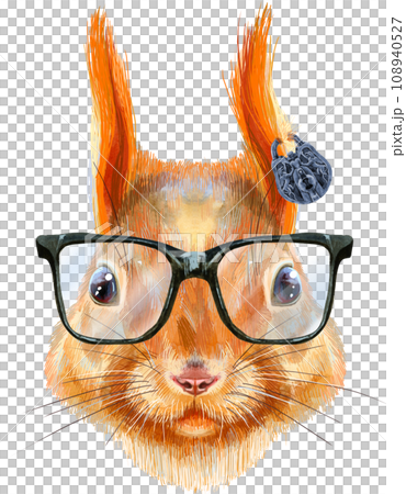 Watercolor hand drawn illustration of squirrel. Portrait of a red squirrel in a big black glasses 108940527