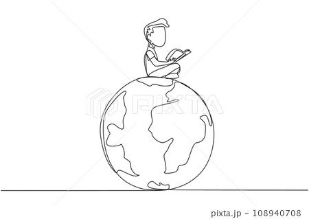 Single one line drawing happy boy sitting on...のイラスト素材 [108940708] - PIXTA