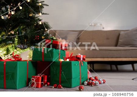 Christmas theme decorated living room. Lifestyle Christmas season family house interior. Traditional Christmas decorations background 108940756