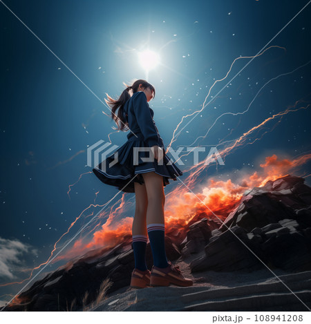 月明かりの前で立ち尽くす女子高生 108941208