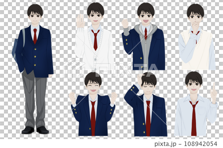 Various expressions and poses of high school boys wearing uniforms 108942054