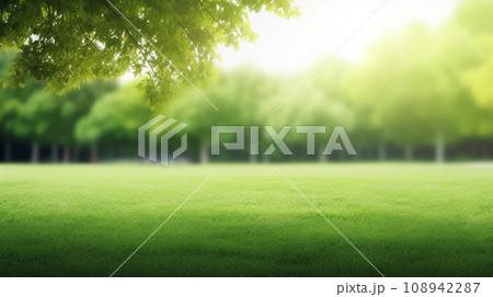 Green lawn and trees background with copyspace. Nature background concept. Generative AI 108942287