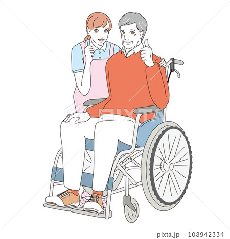 車椅子に乗るオシャレなシニア男性と介護士 車椅子に乗るオシャレなシニア男性と介護士 108942334