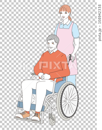 Senior man being pushed in a wheelchair by a caregiver Senior man being pushed in a wheelchair by a caregiver 108942338