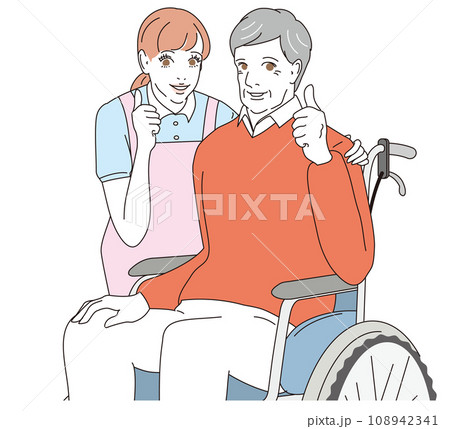 介護士に車椅子を押してもらうシニア男性 108942341