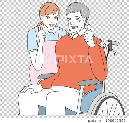 介護士に車椅子を押してもらうシニア男性 108942341