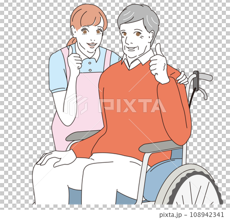 介護士に車椅子を押してもらうシニア男性 介護士に車椅子を押してもらうシニア男性 108942341