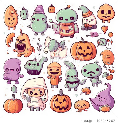 Smiling and funny Halloween illustration set pumpkin, ghost, bat, candy jar Generative AI Smiling and funny Halloween illustration set pumpkin, ghost, bat, candy jar Generative AI 108943267