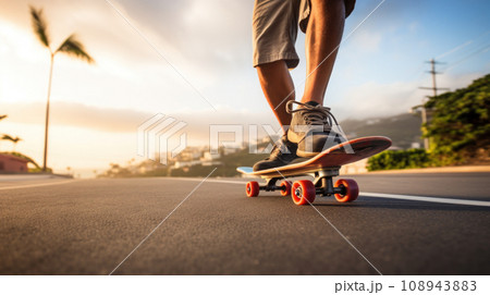 Close-up Young man skateboarding in Hawaii city Close-up Young man skateboarding in Hawaii city 108943883