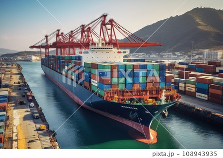 Container box ship carrying dock with quay crane. Business commercial logistic transportation Generative AI 108943935