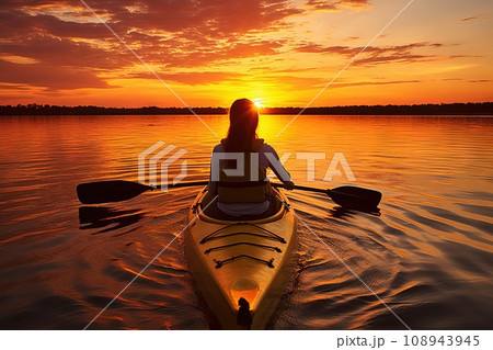 Photo of a person in a kayak wide kayak with person on lake setting sun Generative AI 108943945