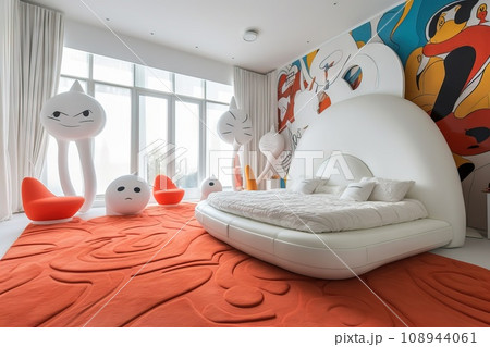 bright bedroom to ceiling Windows with white curtains there is a cartoon bed Generative AI 108944061