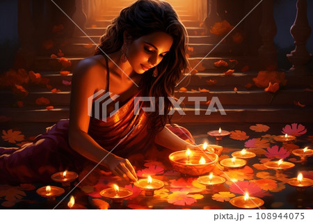 happy Diwali celebration festival Indian traditional candles and oil lamps Generative AI 108944075