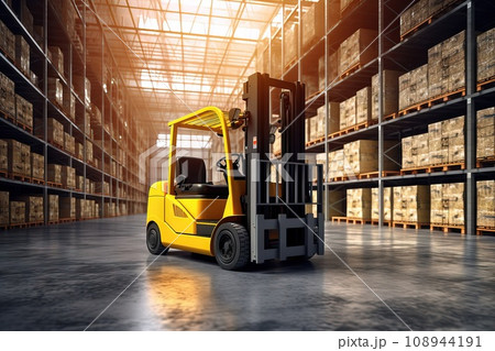 Yellow forklift loads passenger luggage into racks, cinematic with photorealism Generative AI 108944191