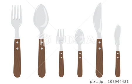 Cutlery with wood handle. Fork, knife, spoon. 108944481