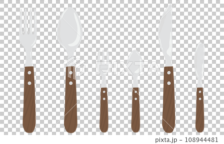 Cutlery with wood handle. Fork, knife, spoon. 108944481
