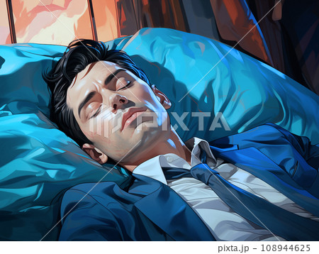 Businessman with a sad face is lying lazy on a bed ,illustration,  AI generated 108944625