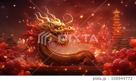 illustration of A Dragon Golden Chinese New Year, red background 108944772