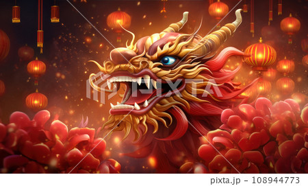 illustration of A Dragon Golden Chinese New Year, red background 108944773