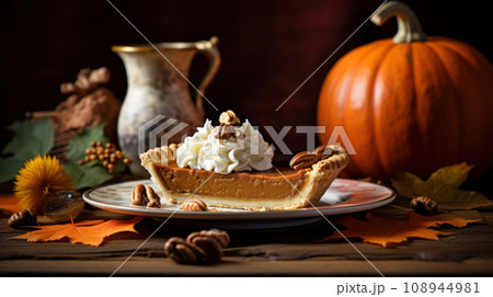 pumpkin pie on a plate on a wooden table pumpkin pie on a plate on a wooden table 108944981