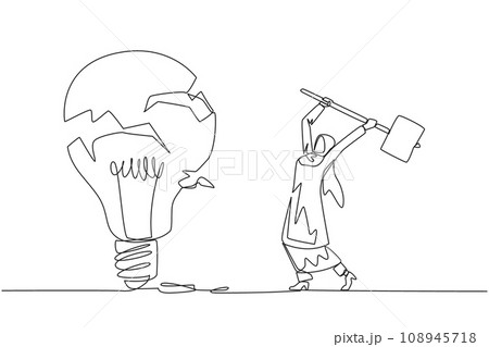Continuous one line drawing Arab businesswoman preparing to hit big lightbulb. The thrashing anger. Failed to secure a brilliant business idea. Destruction. Single line draw design vector illustration 108945718