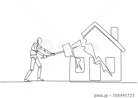 Continuous one line drawing smart robotic preparing to hit the miniature house. Metaphor of house as collateral for payment. Fails. Home is gone. Bankrupt. Single line draw design vector illustration 108945723