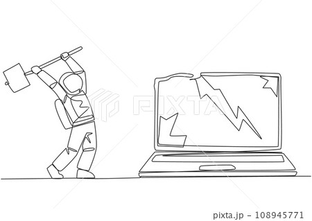 Single continuous line drawing young astronaut preparing to hit laptop. Rampage. Destroying technology that cannot used optimally. Upgrade hardware and brainware. One line design vector illustration 108945771