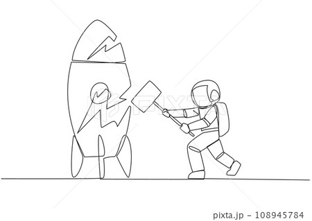 Single continuous line drawing young astronaut preparing to hit a standing rocket. Rampage. Not ready to accept new technology. Not ready for competition. Lost. One line design vector illustration 108945784