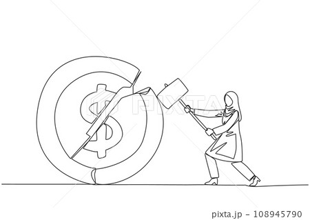 Continuous one line drawing Arab businesswoman preparing to hit coin with dollar symbol. Failed to get new investor. Failed to get income. Expressing anger. Single line draw design vector illustration Continuous one line drawing Arab businesswoman preparing to hit coin with dollar symbol. Failed to get new investor. Failed to get income. Expressing anger. Single line draw design vector illustration 108945790