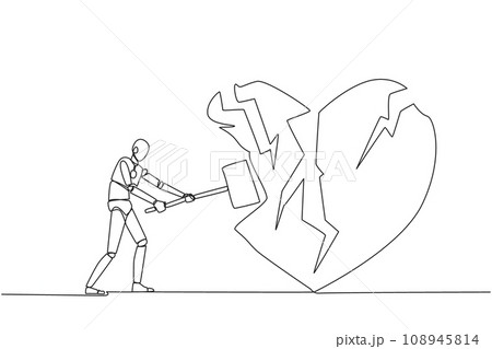 Continuous one line drawing smart robot preparing to hit big heart. Broken heart. Loss of concentration. Emotional feeling. No direction. Angry. Madness. Single line draw design vector illustration Continuous one line drawing smart robot preparing to hit big heart. Broken heart. Loss of concentration. Emotional feeling. No direction. Angry. Madness. Single line draw design vector illustration 108945814