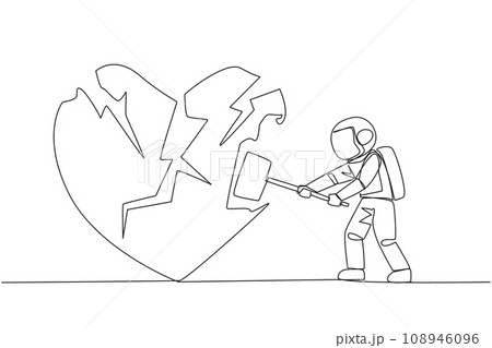 Single continuous line drawing young astronaut preparing to hit the big heart. Broken heart. Loss of concentration. Emotional feeling. No direction. Angry. Madness. One line design vector illustration 108946096