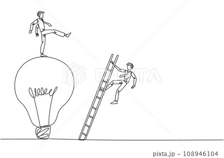 Single one line drawing businessman kicks opponent who climbing the lightbulb with a ladder. Dropping colleague because don't have bright ideas. Traitor. Continuous line design graphic illustration 108946104