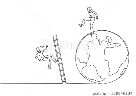 Single continuous line drawing businesswoman kicks opponent who is climbing the globe with a ladder. Failed to be on top of the world. Dropped by business friend. One line design vector illustration Single continuous line drawing businesswoman kicks opponent who is climbing the globe with a ladder. Failed to be on top of the world. Dropped by business friend. One line design vector illustration 108946134