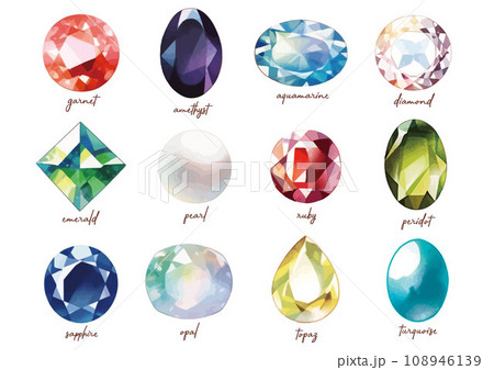 水彩で描いたカラフルな宝石のイラスト,誕生石のイラスト素材