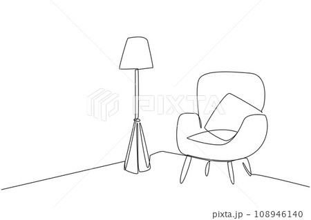 Single one line drawing stylish room with full furniture modern. A minimalist room with a trendy style. Comfortable sofa side by side with floor lamp. Cozy. Continuous line design graphic illustration Single one line drawing stylish room with full furniture modern. A minimalist room with a trendy style. Comfortable sofa side by side with floor lamp. Cozy. Continuous line design graphic illustration 108946140