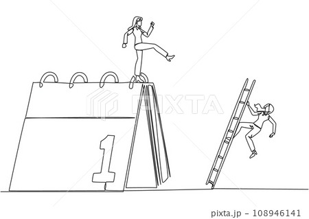 Continuous one line drawing businesswoman kicks opponent who is climbing a desk calendar with a ladder. Vacations will be canceled due to many deadlines. Single line draw design vector illustration 108946141